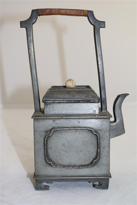 A Chinese pewter rectangular teapot, 19th century, height 21cm, faults